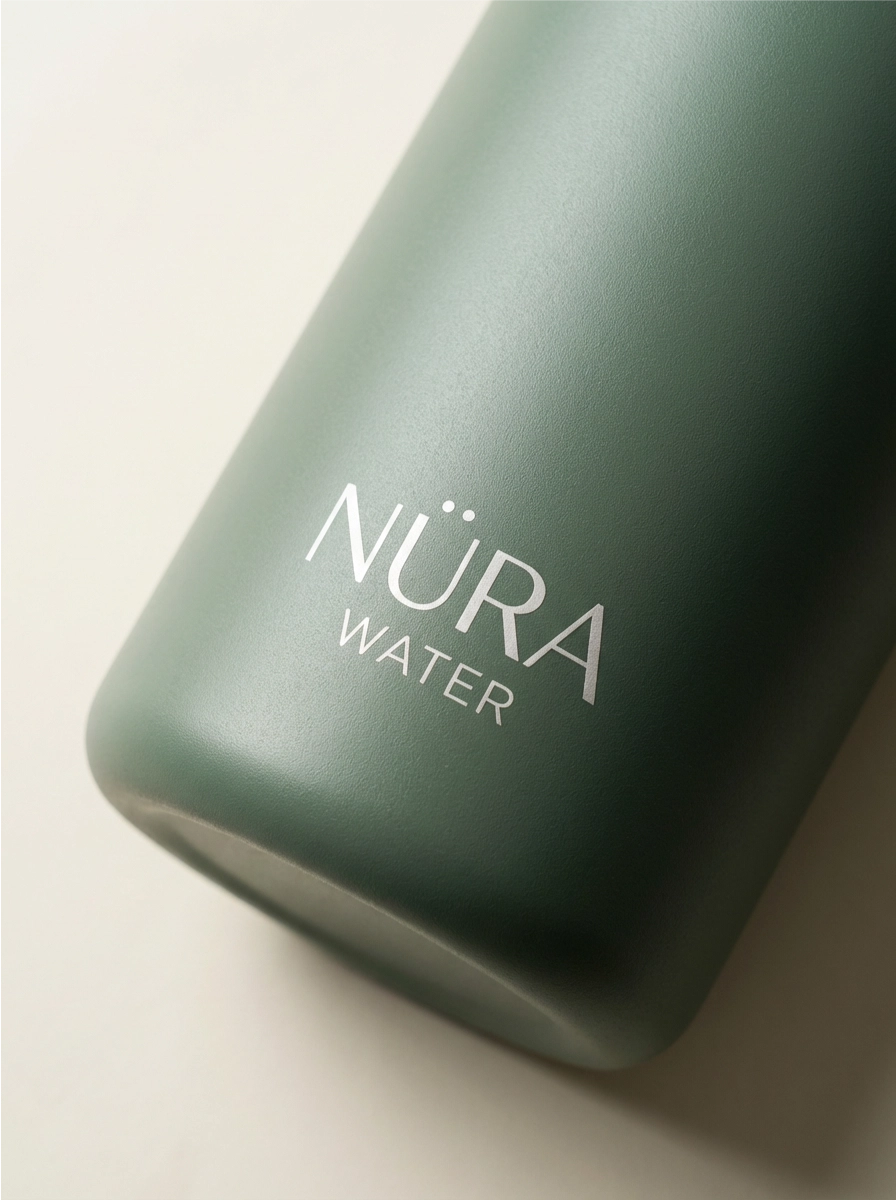 NÜRA Water — botella sobre banco de gimnasio